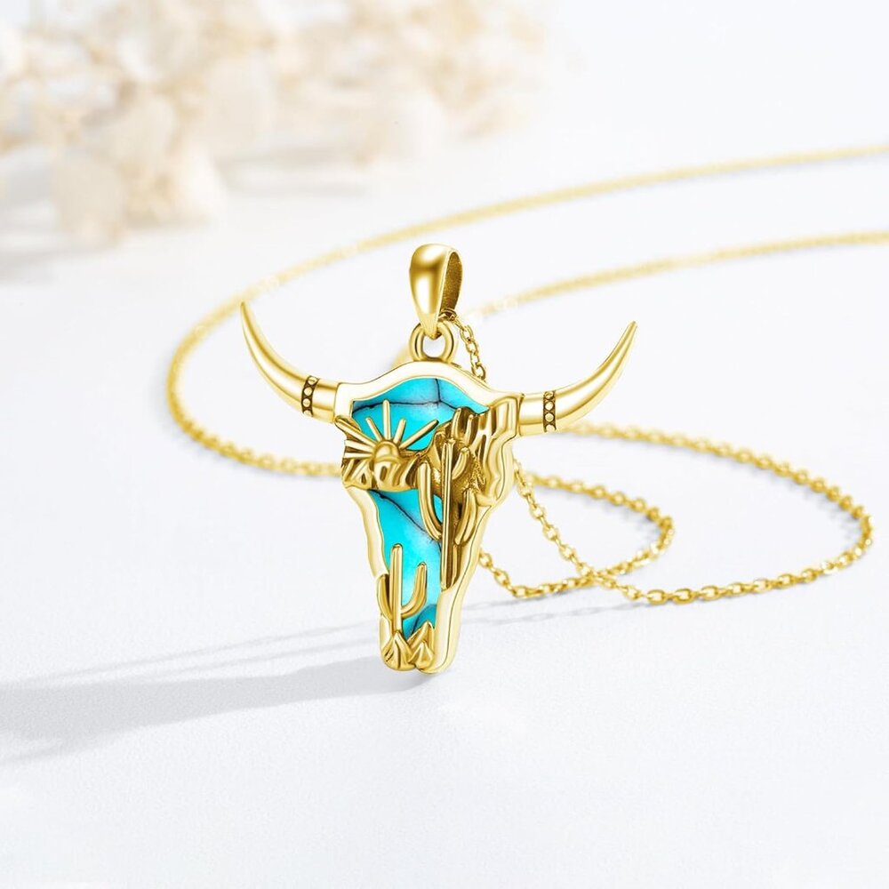 Western Necklace 925 Sterling Silver Turquoise Pendant Highland Cow/Cow Skull/Ha - Picture 3 of 7